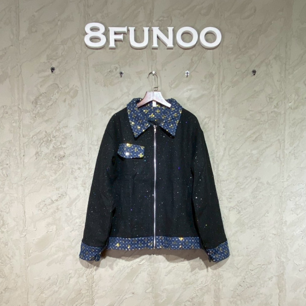 星星細閃撞色翻領寬鬆拉鍊夾克