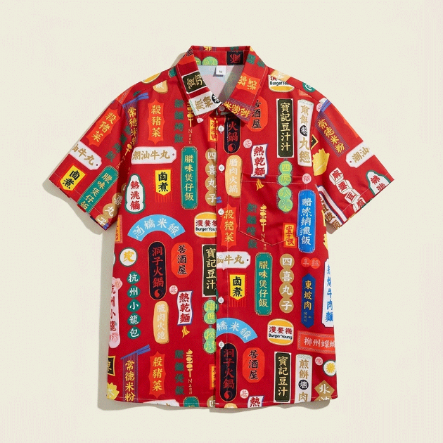 復古中式菜單插畫短袖襯衫