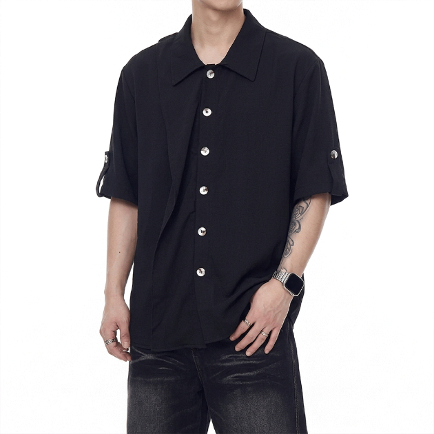 不對稱垂墜領短袖襯衫