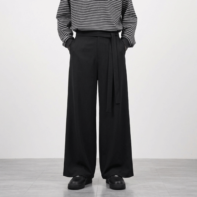 黑色中式綁帶大擺寬褲