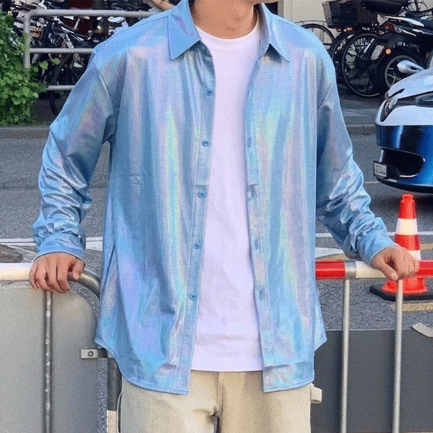 獨特光澤感方格長袖襯衫