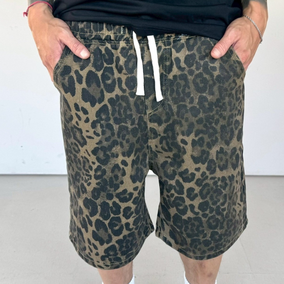 水洗寬鬆抽繩豹紋短褲