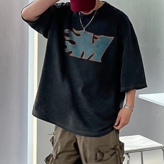 M字火焰水洗短袖T恤