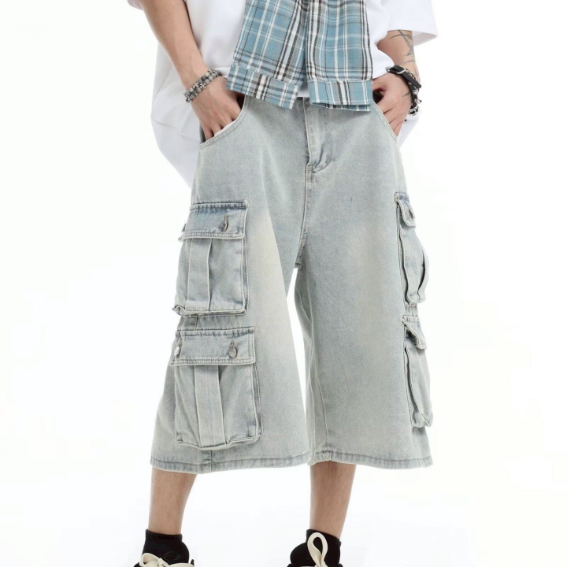 美式寬鬆水洗七分牛仔短褲