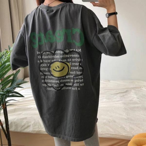 微笑臉花水洗短袖T恤