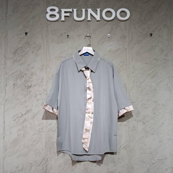 花紋包邊日系短袖襯衫(附領帶)