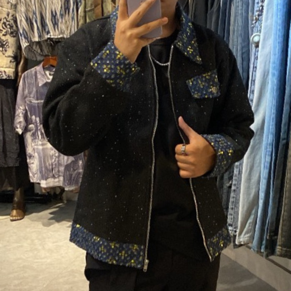 星星細閃撞色翻領寬鬆拉鍊夾克