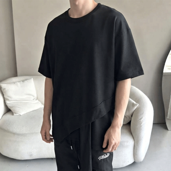不對稱斜下擺交疊短T