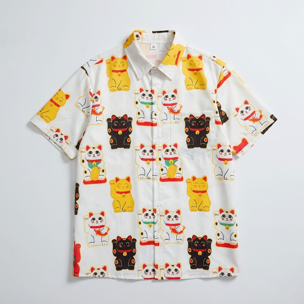 日感招財貓插畫短袖襯衫