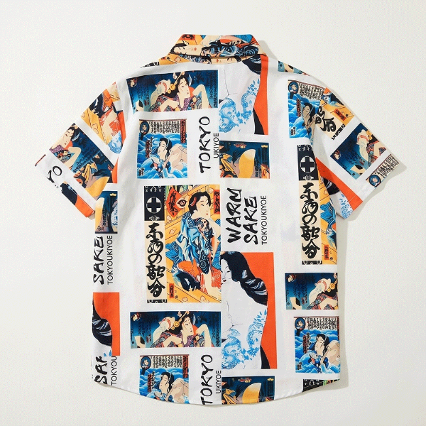 日本刺青藝妓插畫短袖襯衫