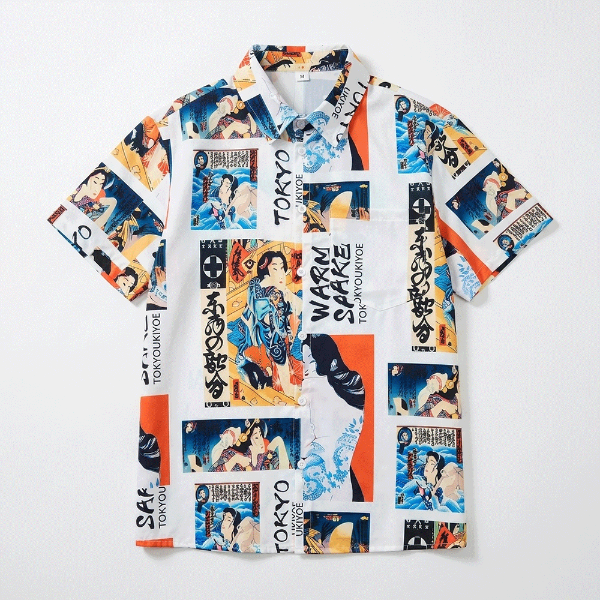 日本刺青藝妓插畫短袖襯衫