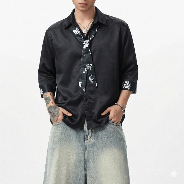 絲滑緞面七分袖襯衫(附領帶)