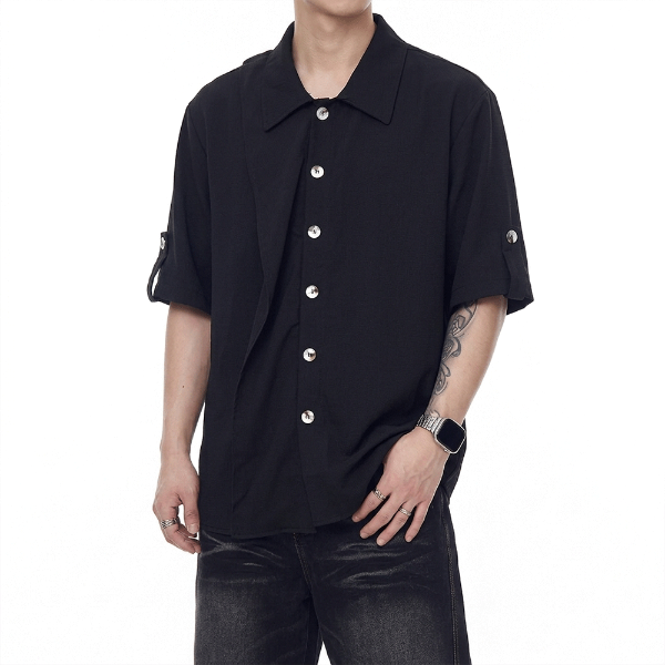 不對稱垂墜領短袖襯衫