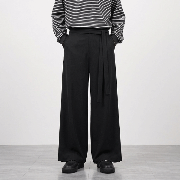 黑色中式綁帶大擺寬褲