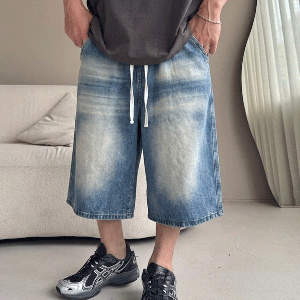 大貓鬚刷色七分牛仔短褲