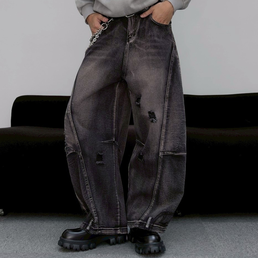 美式破壞感牛仔彎刀褲